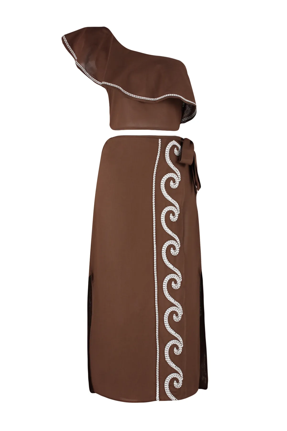 Trendyol Collection  Braunes gewebtes Volant-Einzelschulter-Blusenrock-Set aus 100 % Baumwolle TBESS24AU00009