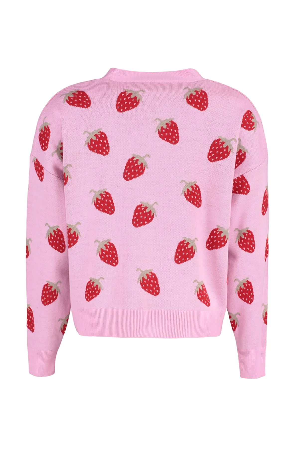 Trendyol Curve  Rosa, kurze Strickjacke mit V-Ausschnitt und Erdbeermuster