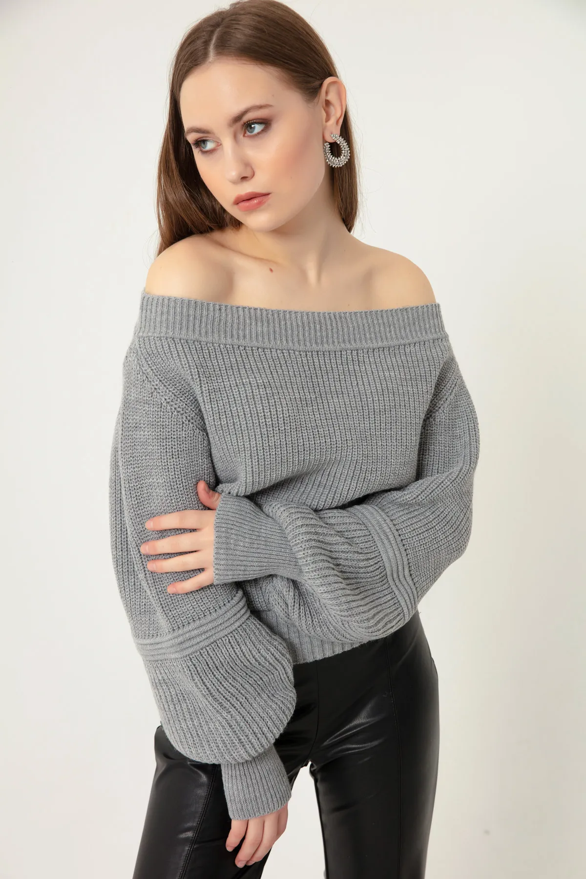 Lafaba  Grauer Strickpullover für Damen mit U-Boot-Ausschnitt