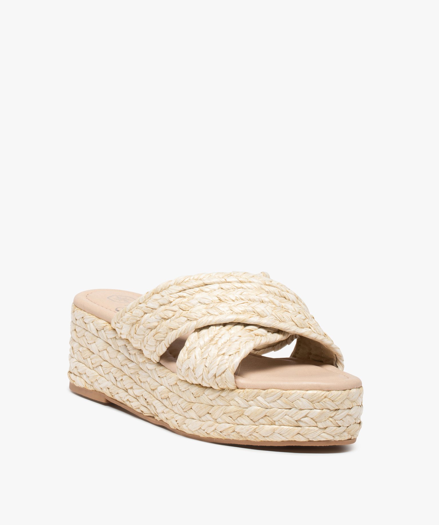 Mules femme compensées à brides en fibres tressées beige | GEMO