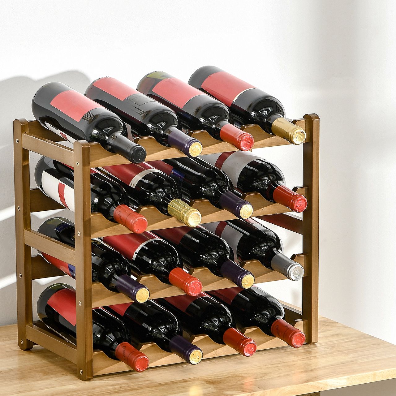 HOMCOM Weinregal Flaschenregal für 16 Flaschen Weinhalter aus Bambus Natur