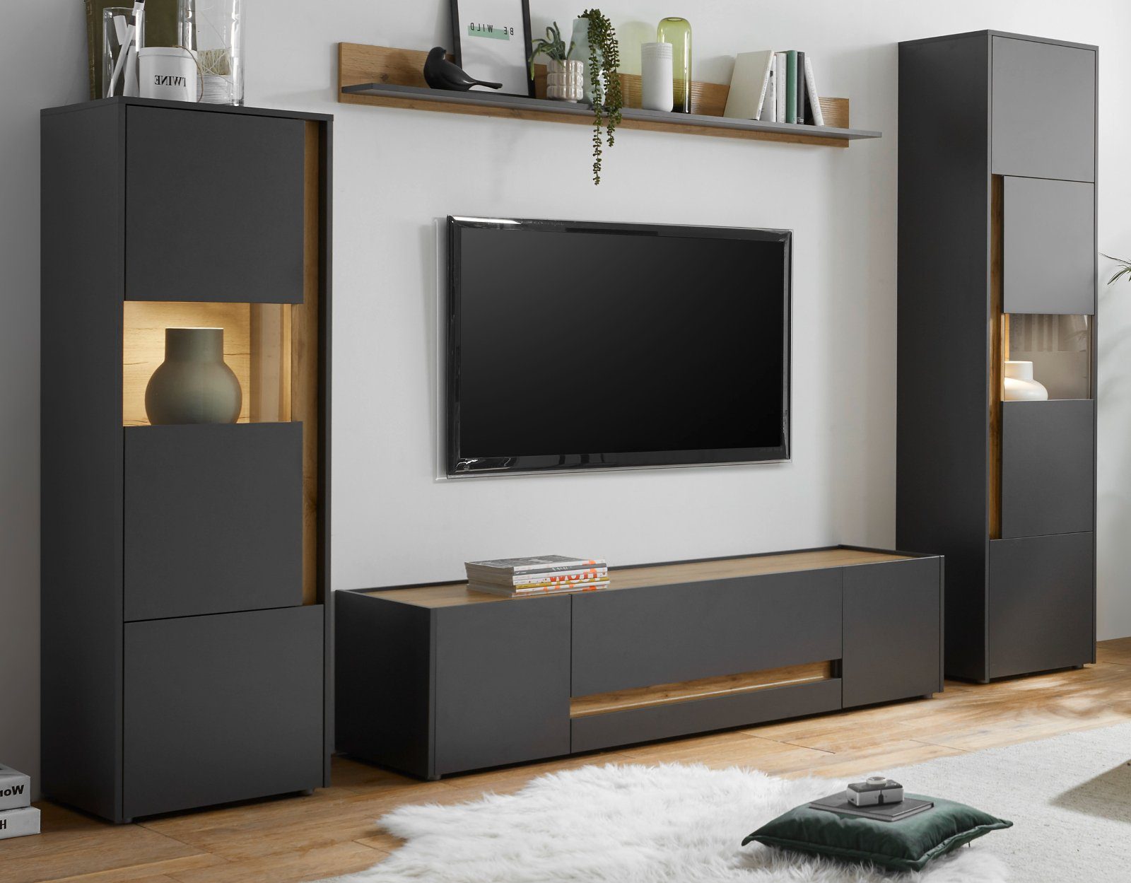 Furn.Design Wohnwand Center, (Set in grau und Wotan Eiche, 4-teilig), mit Vitrinen