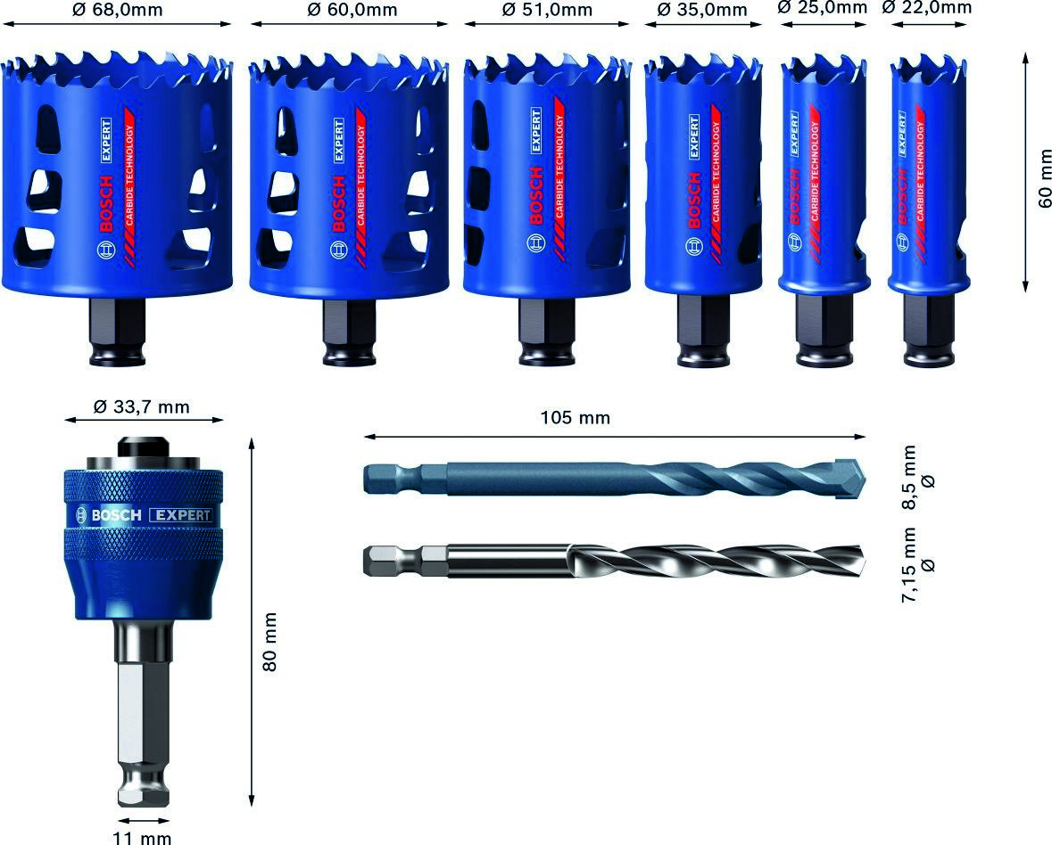 Set carotă Bosch Blue Accessories 2608900445 Expert Tough Material 22/25/35/51/60/68 mm, 9 piese