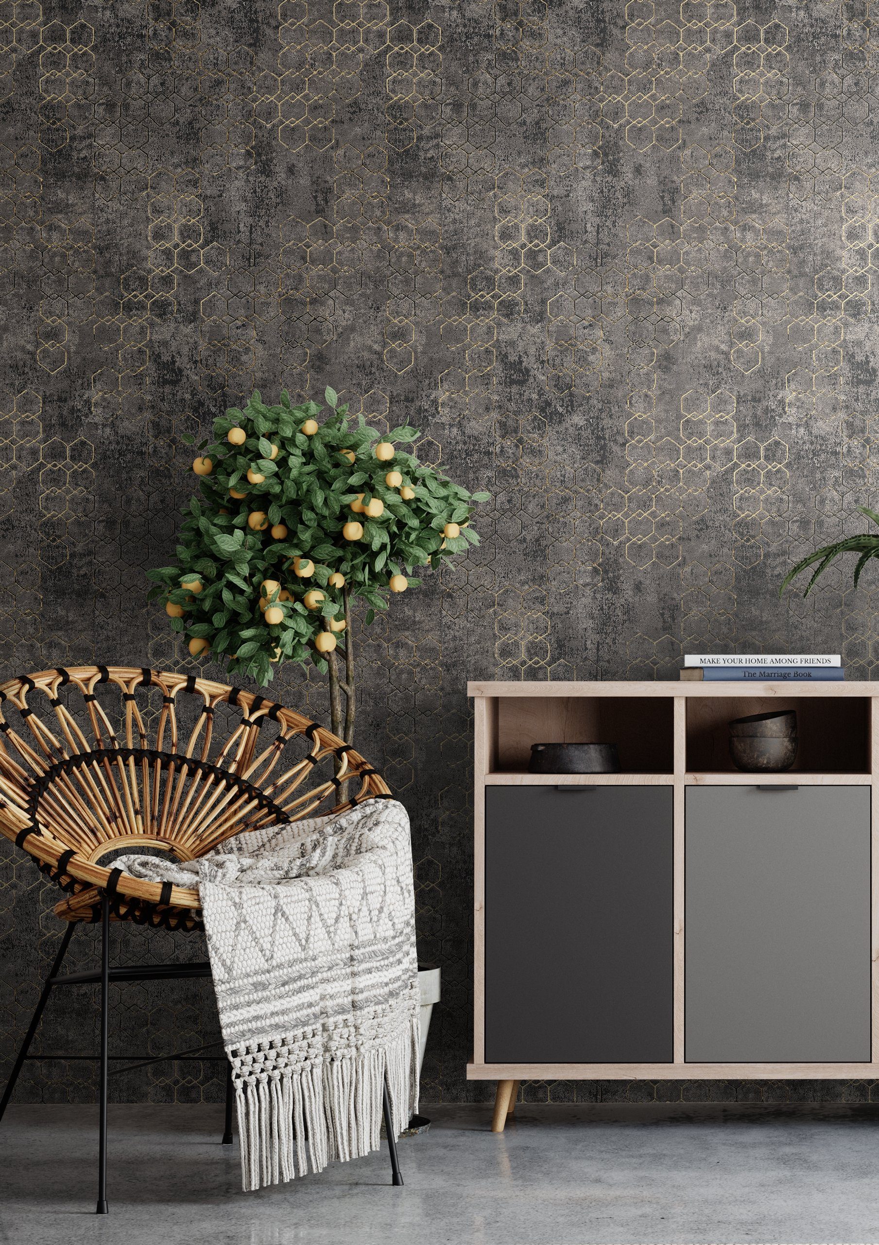 Newroom Vliestapete, Schwarz Tapete Leicht Glänzend Modern - Mustertapete Metalic Gold Grau Hexagon Grafisch für Schlafzimmer Wohnzimmer Küche