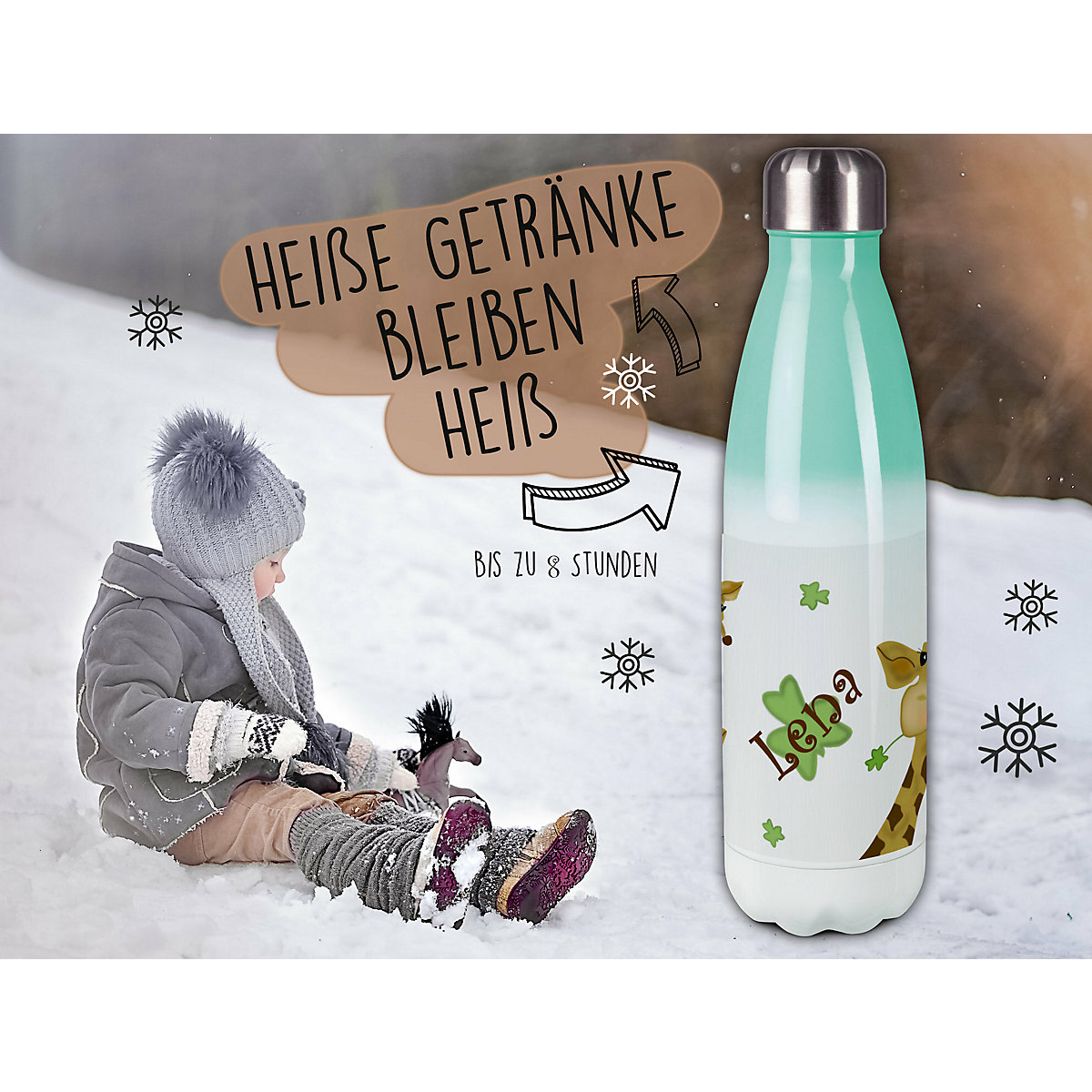 Edelstahl Kinder Thermoflasche / Trinkflasche bunt Giraffe Spülmaschinenfest, Auslaufsicher, Bruchfest, Doppelwandig, Für Heißgetränke geeignet, Mit Deckel, Isoliert