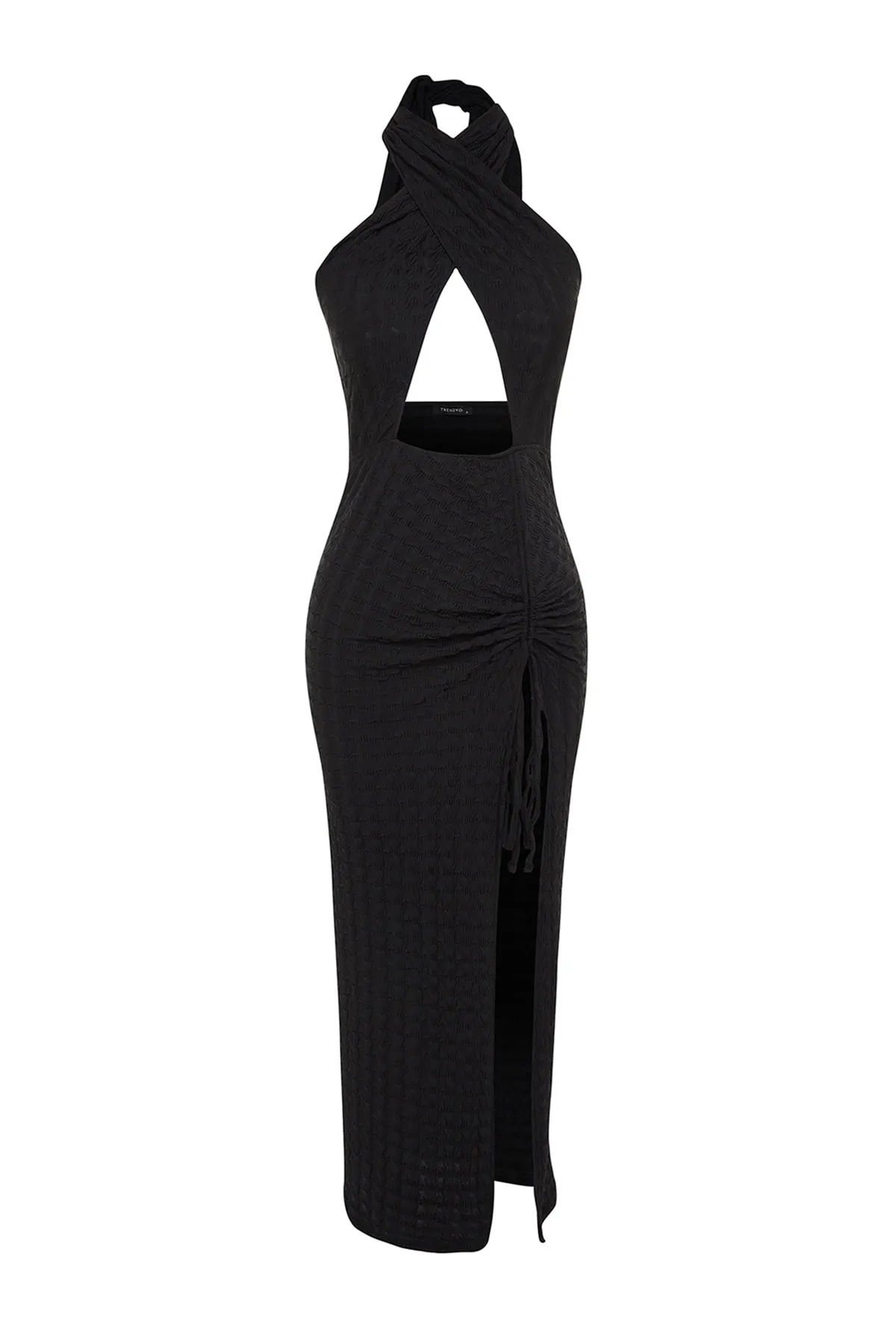 Trendyol Collection  Schwarzes, figurbetontes, gestricktes Maxi-Strandkleid mit Ausschnitten/Fenstern TBESS23EL00098