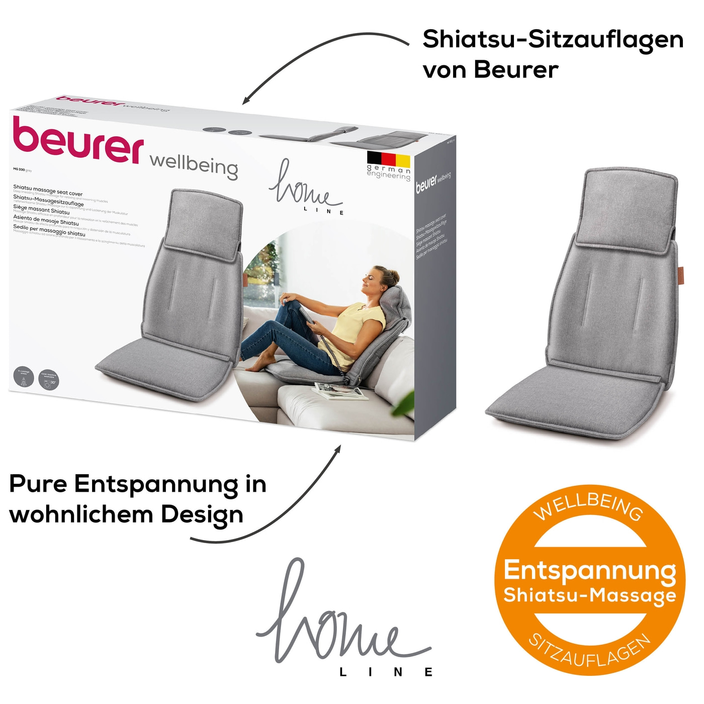 MG 330 Grey Shiatsu-Massagesitzauflage-Stylische Massagesitzauflage mit 3 Massagebereichen