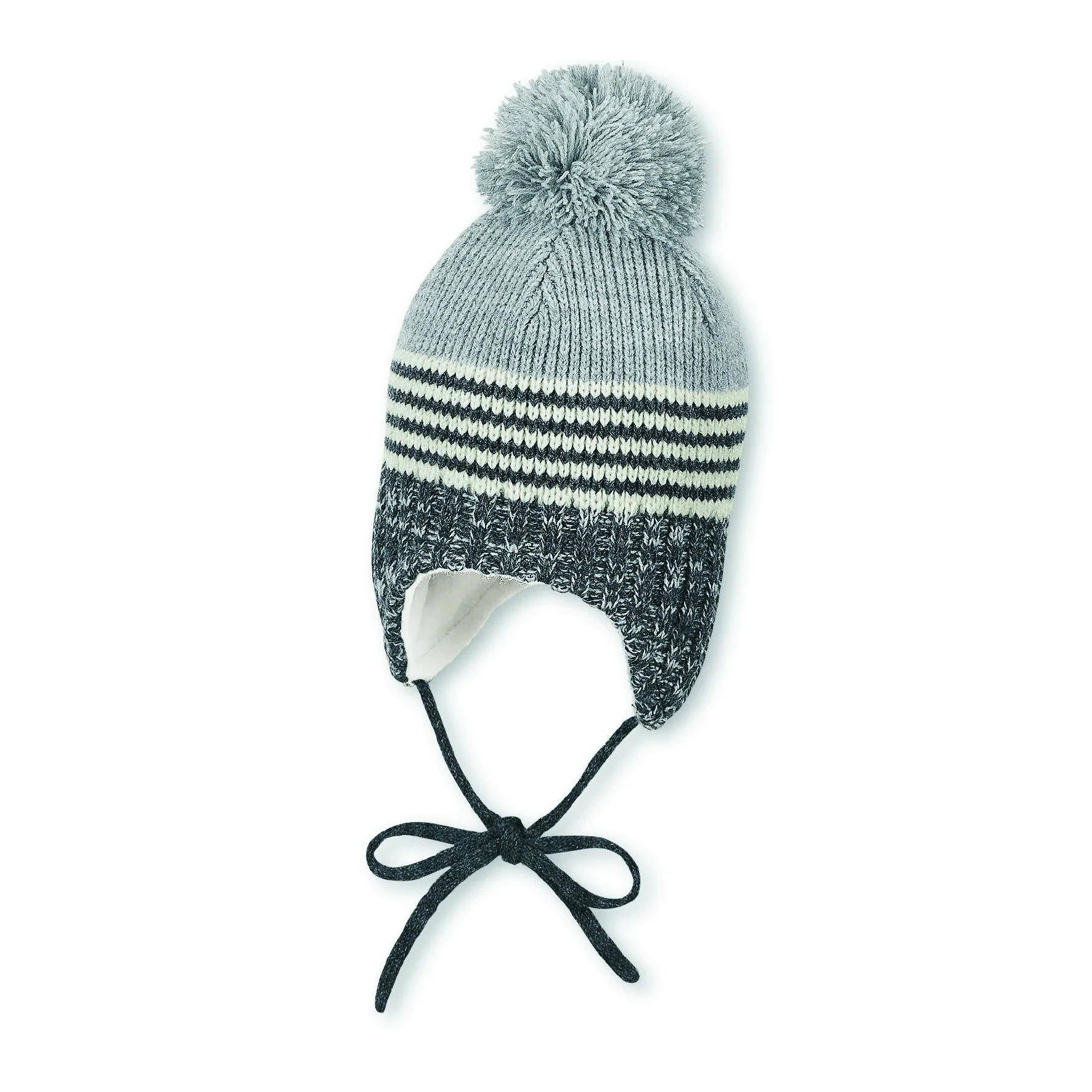 Strickmütze im Mustermix mit Bommel und Bindeband