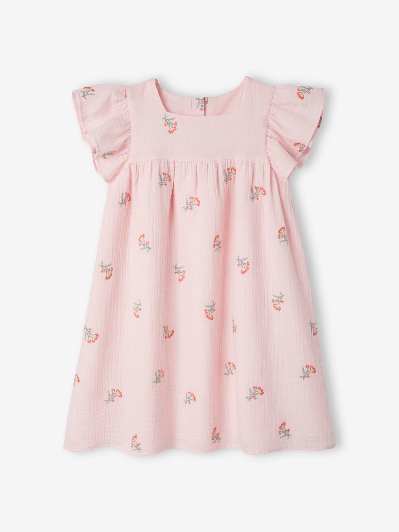 Robe brodée fleurs en gaze de coton fille rose