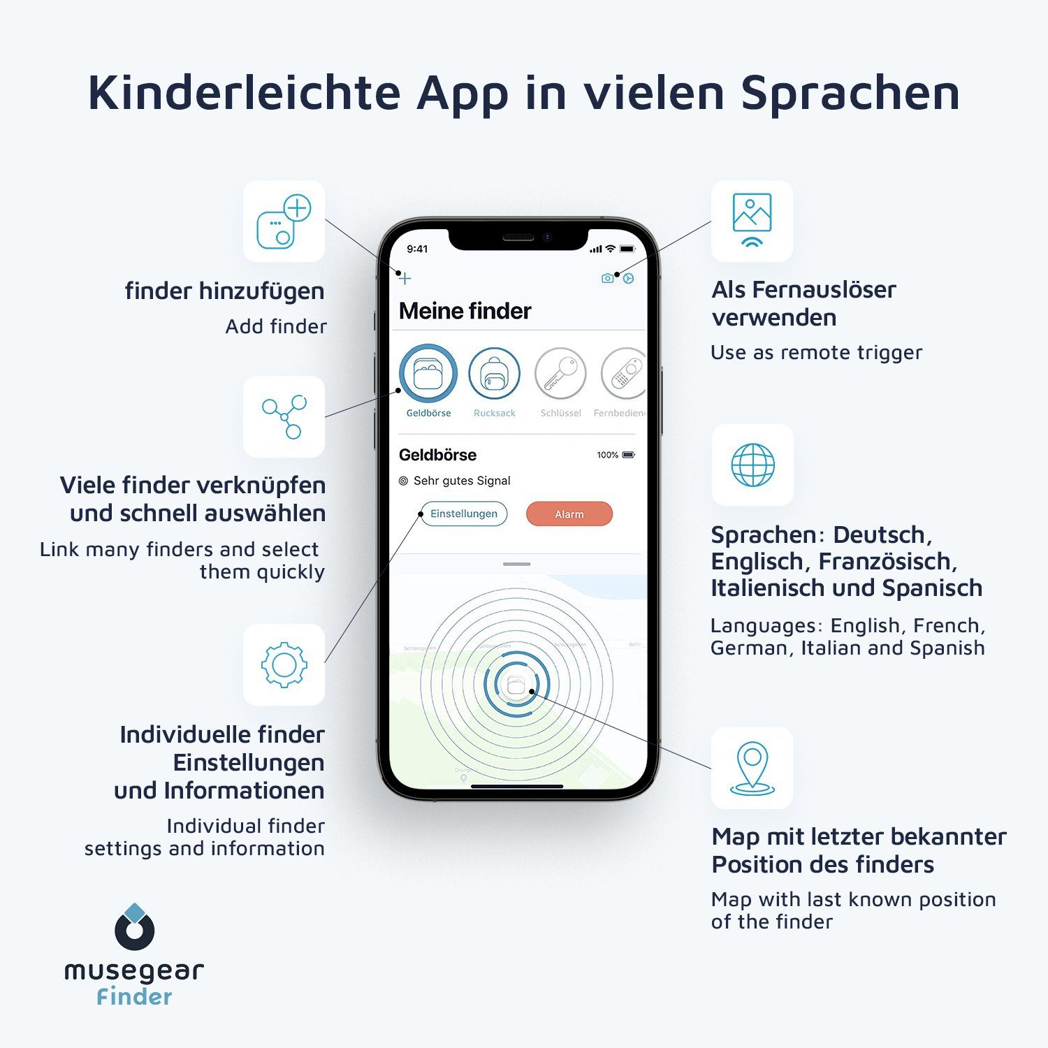 musegear Bluetooth®-Sender Schlüsselfinder mit Bluetooth App aus Deutschland