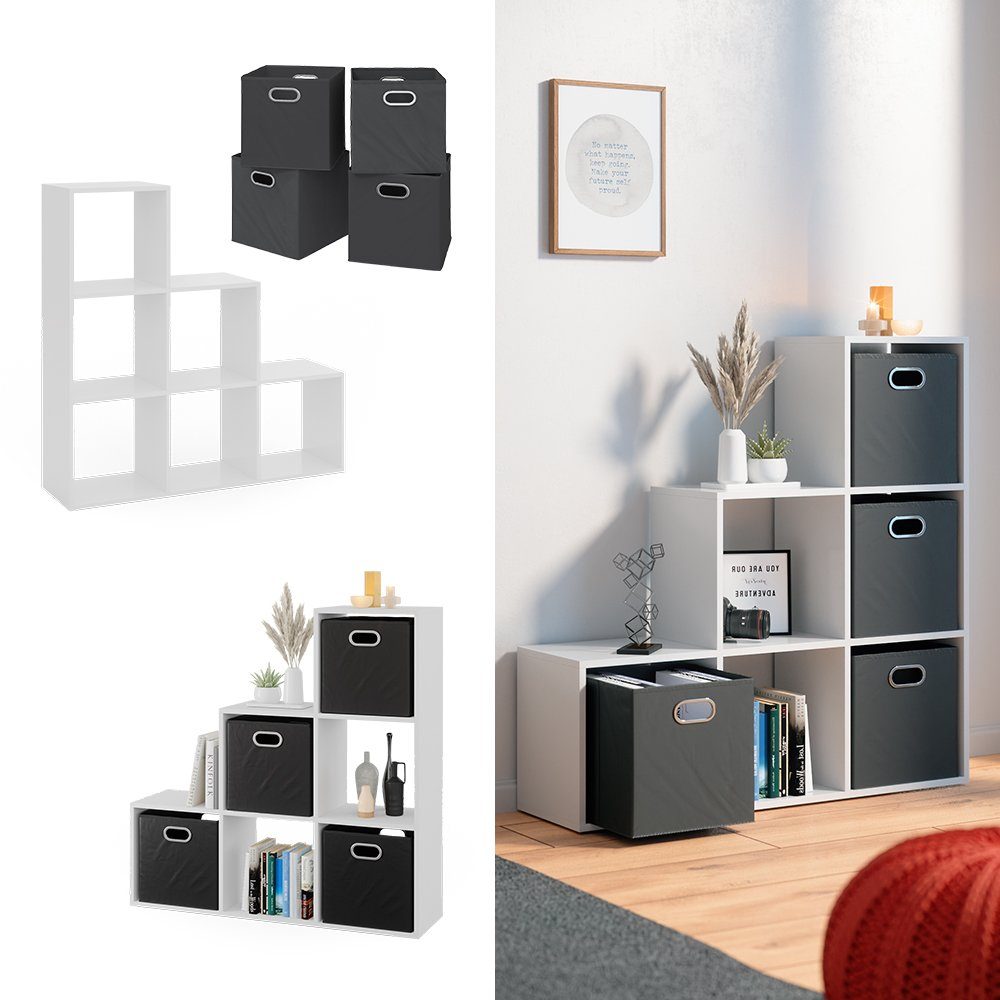 Vicco Raumteilerregal Treppenregal Bücherregal 6 Fächer Weiß + Faltboxen Anthrazit