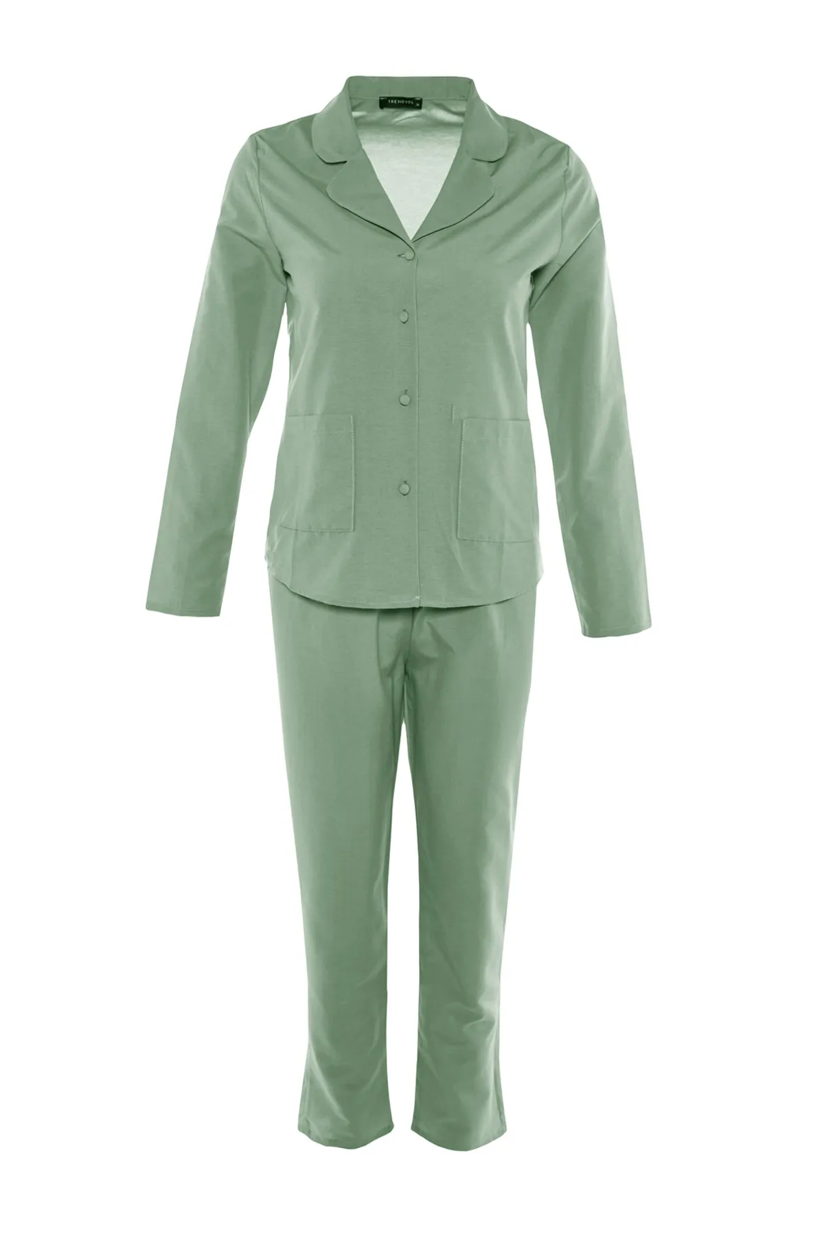 Trendyol Collection  Grünes Pyjama-Set aus gewebter Baumwolle mit Taschendetail THMAW23PT00441