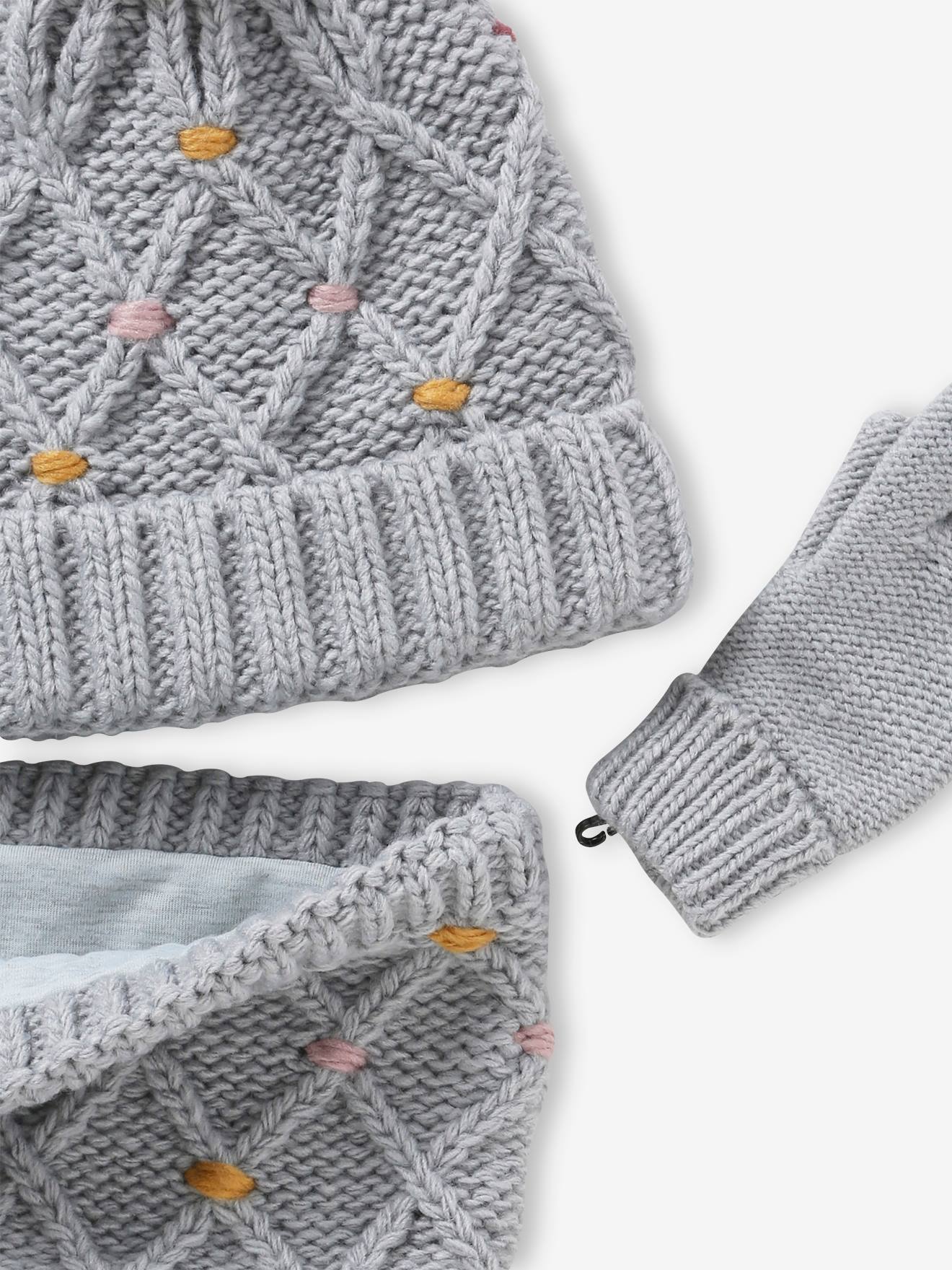 Ensemble bonnet + snood + gants ou moufles pompons fille gris chiné