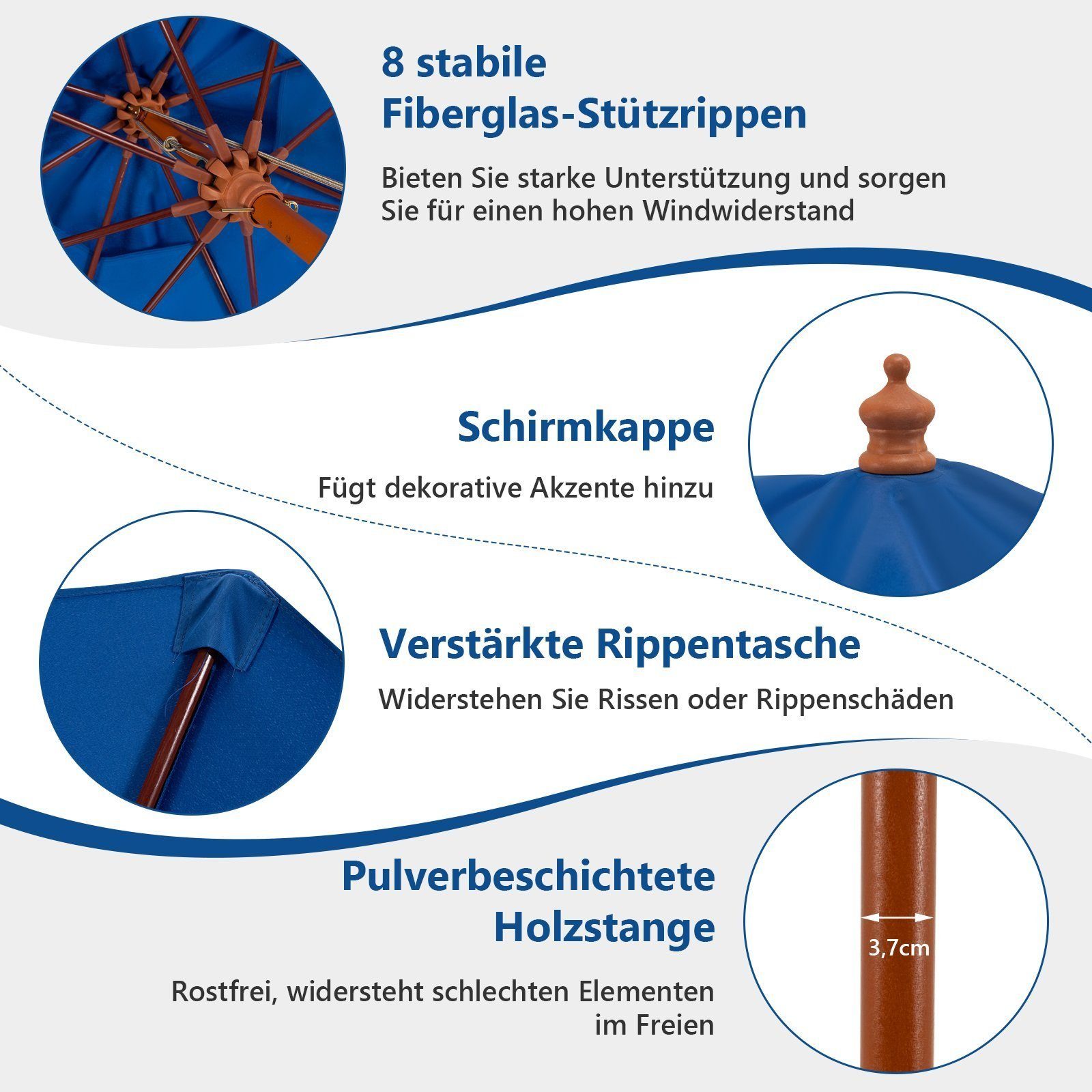 KOMFOTTEU Sonnenschirm Höhenverstellbarer Gartenschirm 260 cm, Holz