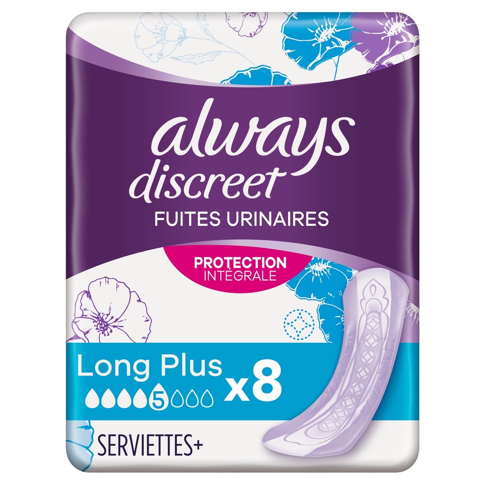 always Always Discreet Long+ Pour Fuites Urinaires x8 Serviettes Hygiéniques Pour Fuites Urinaires