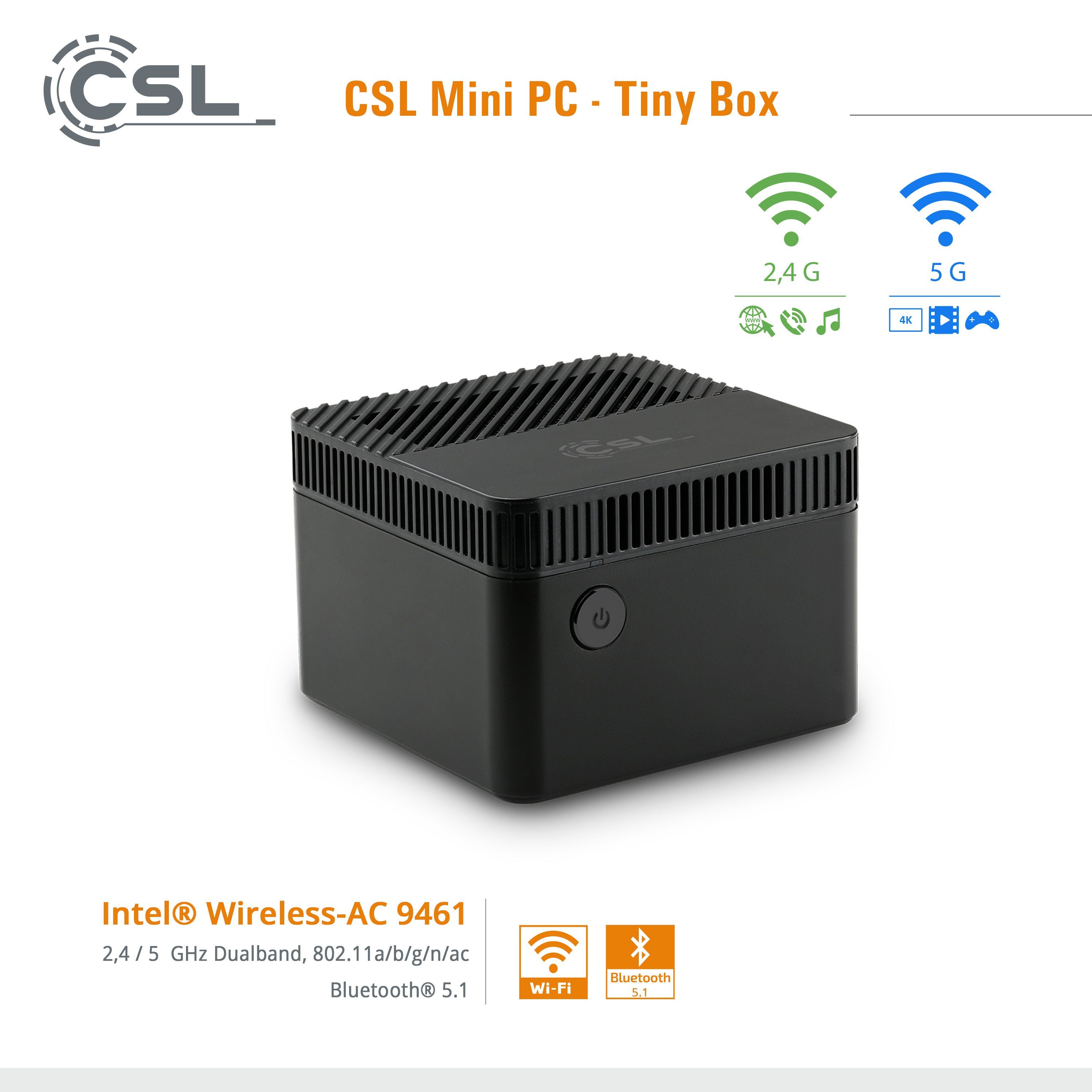 CSL Tiny Box PC (Intel® Celeron N4120, Intel® HD Graphics 600, 4 GB RAM, 128 GB SSD, passiver CPU-Kühler, 2m HDMI Kabel)