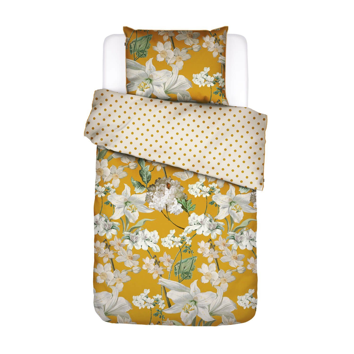 Bettwäsche Rosalee Satin Mustard, Essenza, Satin, 2 teilig, Blumen, Lilien, Blätter, Paspel