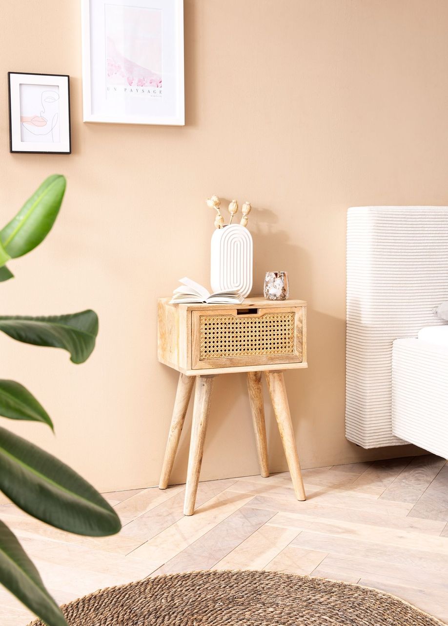 Wohnling Nachttisch Nachtkommode Boxspringbett Holz Rattan 60 cm Wiener Geflecht