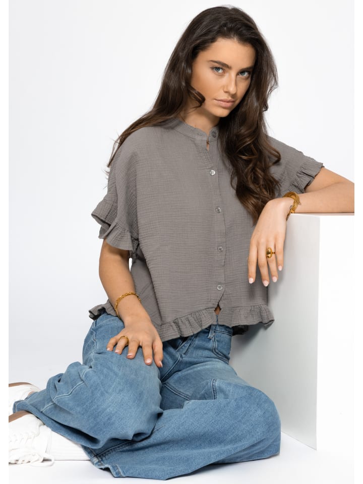 SASSYCLASSY Musselin Bluse mit Rüschensaum in Taupe günstig kaufen