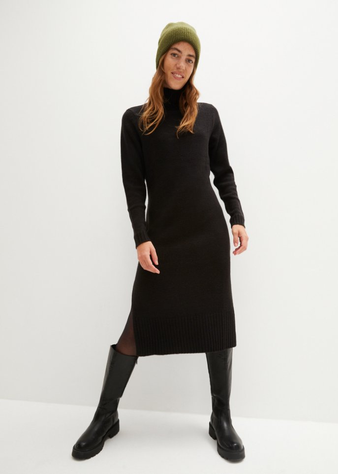 Strickkleid in Midi-Länge mit Stehkragen und Schlitzen
