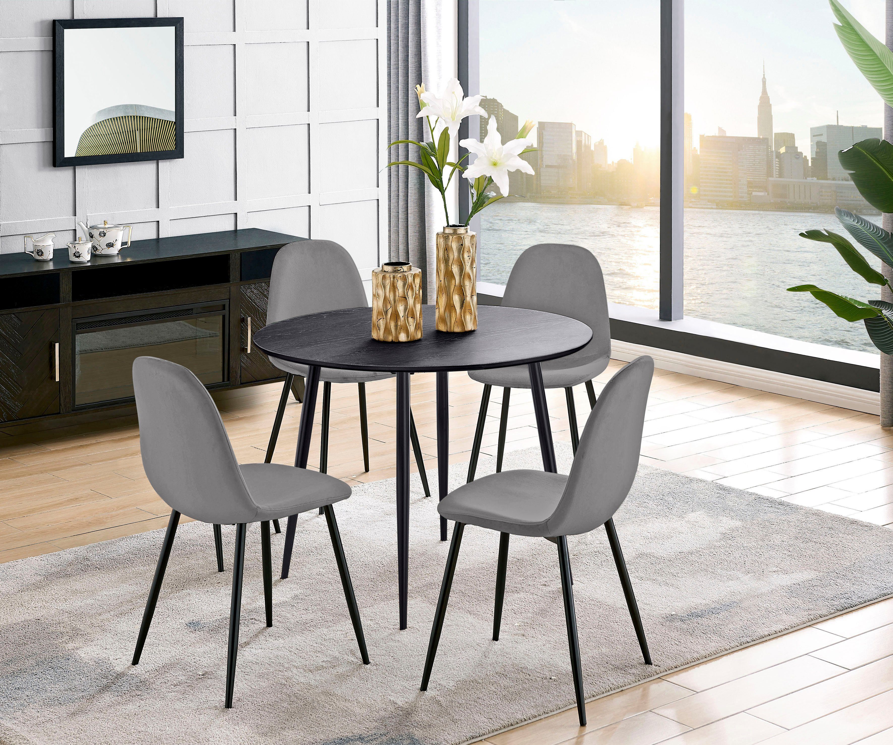 Leonique Essgruppe Eadwine, (Set, 5-tlg), bestehend aus Eadwine Esstisch rund 100 Ø cm und 4 Esszimmerstühlen