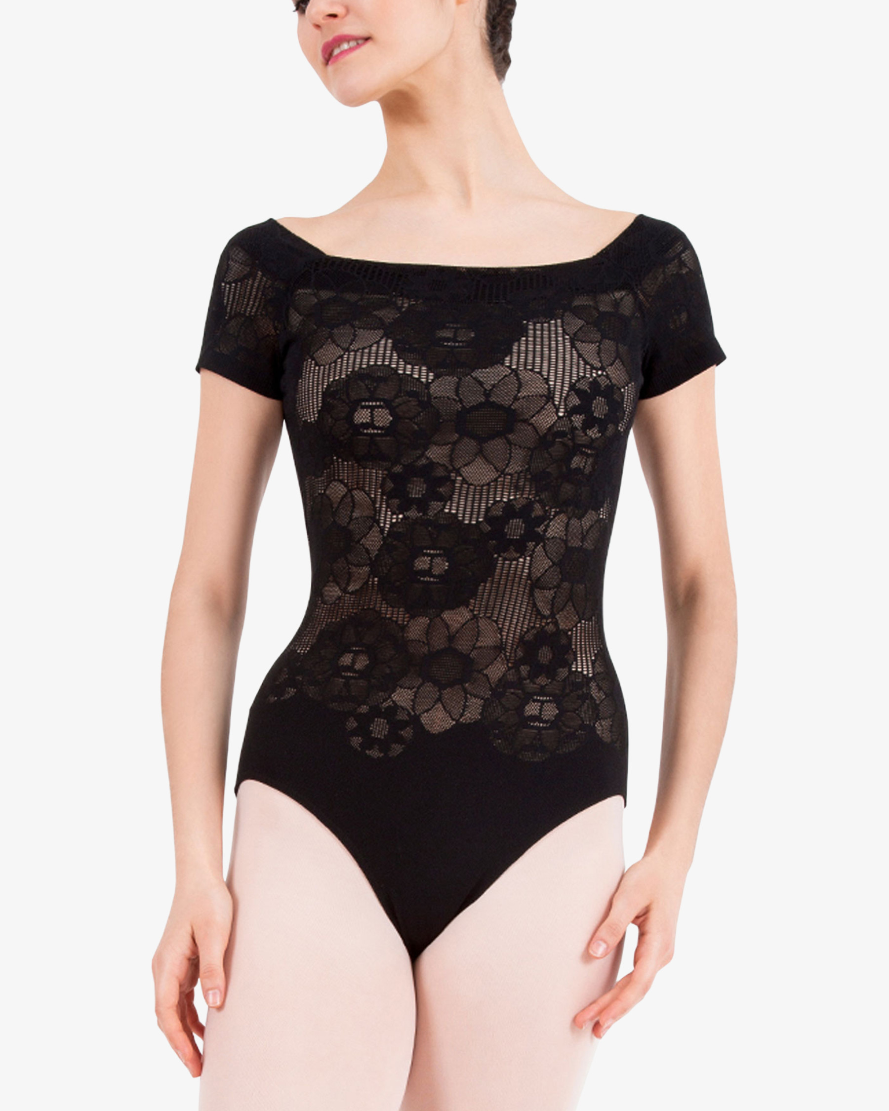 Short sleeves rosette lace leotard