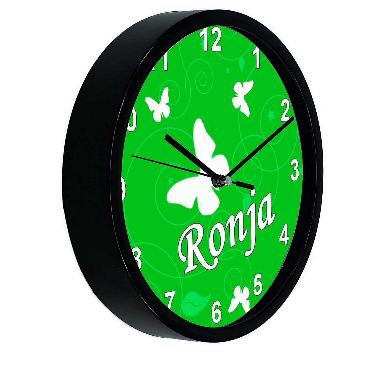 Kinder Wanduhr laufruhig personalisiert mit Name Schmetterling Ornamente grün