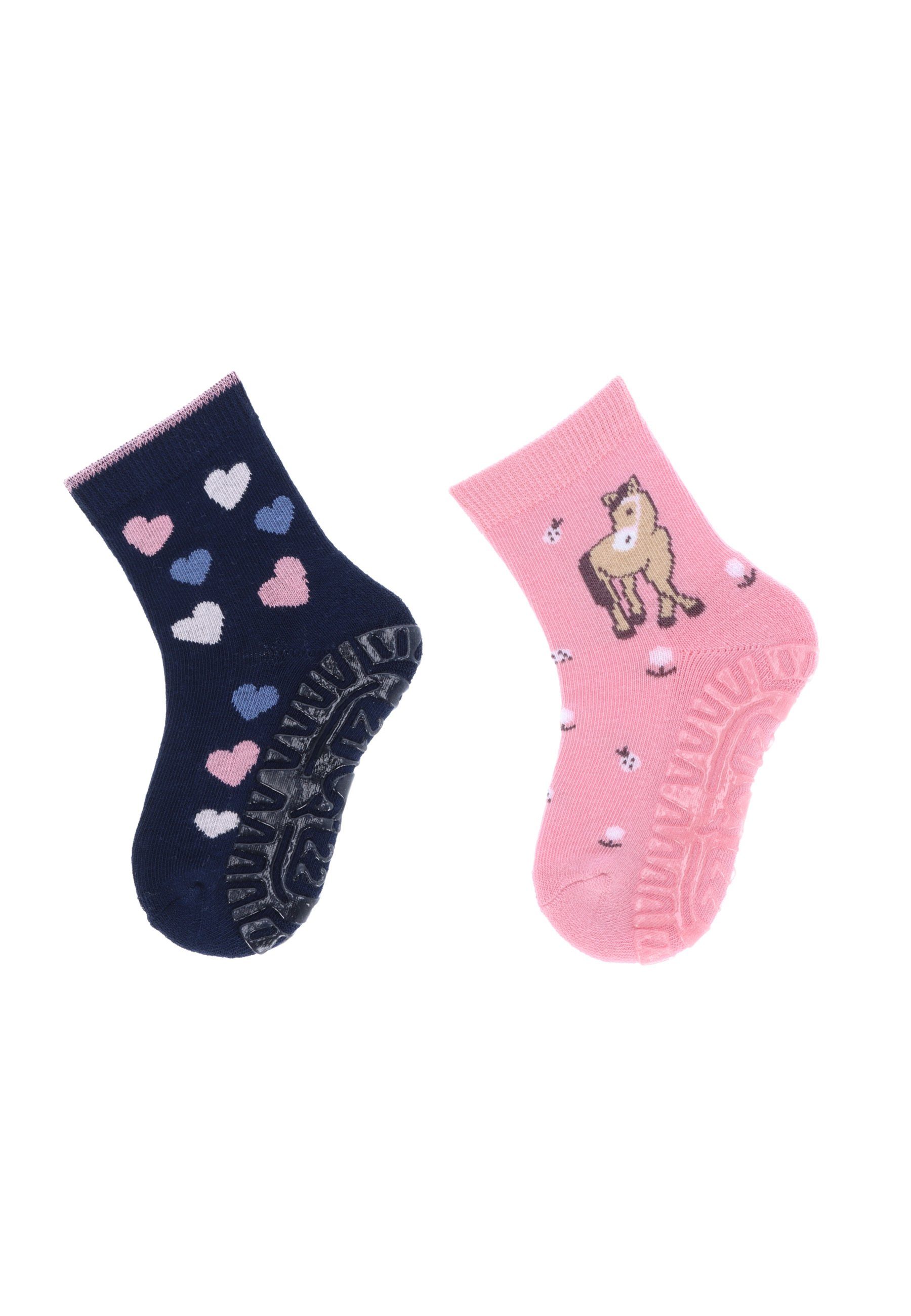 Sterntaler® ABS-Socken Fliesen Flitzer AIR Pferd + Herzen, 2er-Pack (2-Paar) Fliesenflitzer Pferd und Herz - Kindersocken - Haussocken, Stoppersocken mit Vollsohle, Vollplüsch im Sohlenbereich - Gummisocken mit Pferde- und Herz-Motiv - Anti-Rutsch-So
