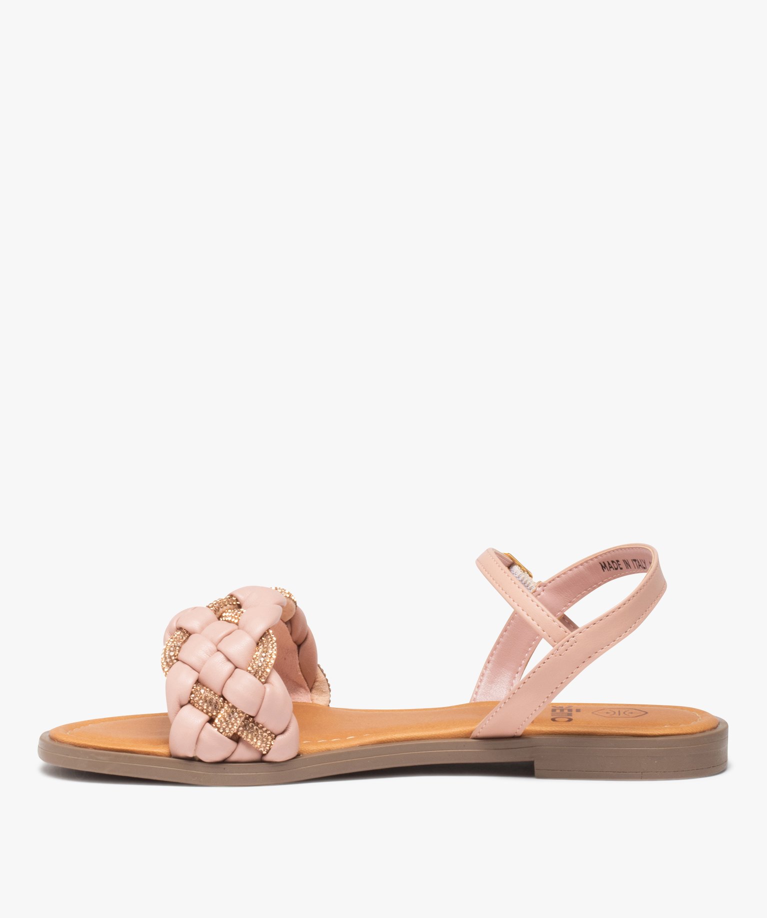 Sandales femme plates à bride tressée et à strass rose | GEMO