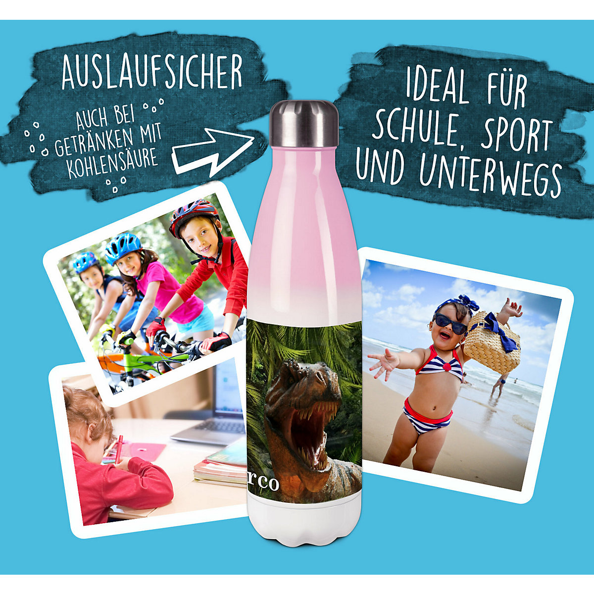 Edelstahl Kinder Thermoflasche / Trinkflasche bunt T-Rex Spülmaschinenfest, Auslaufsicher, Bruchfest, Doppelwandig, Für Heißgetränke geeignet, Mit Deckel, Isoliert