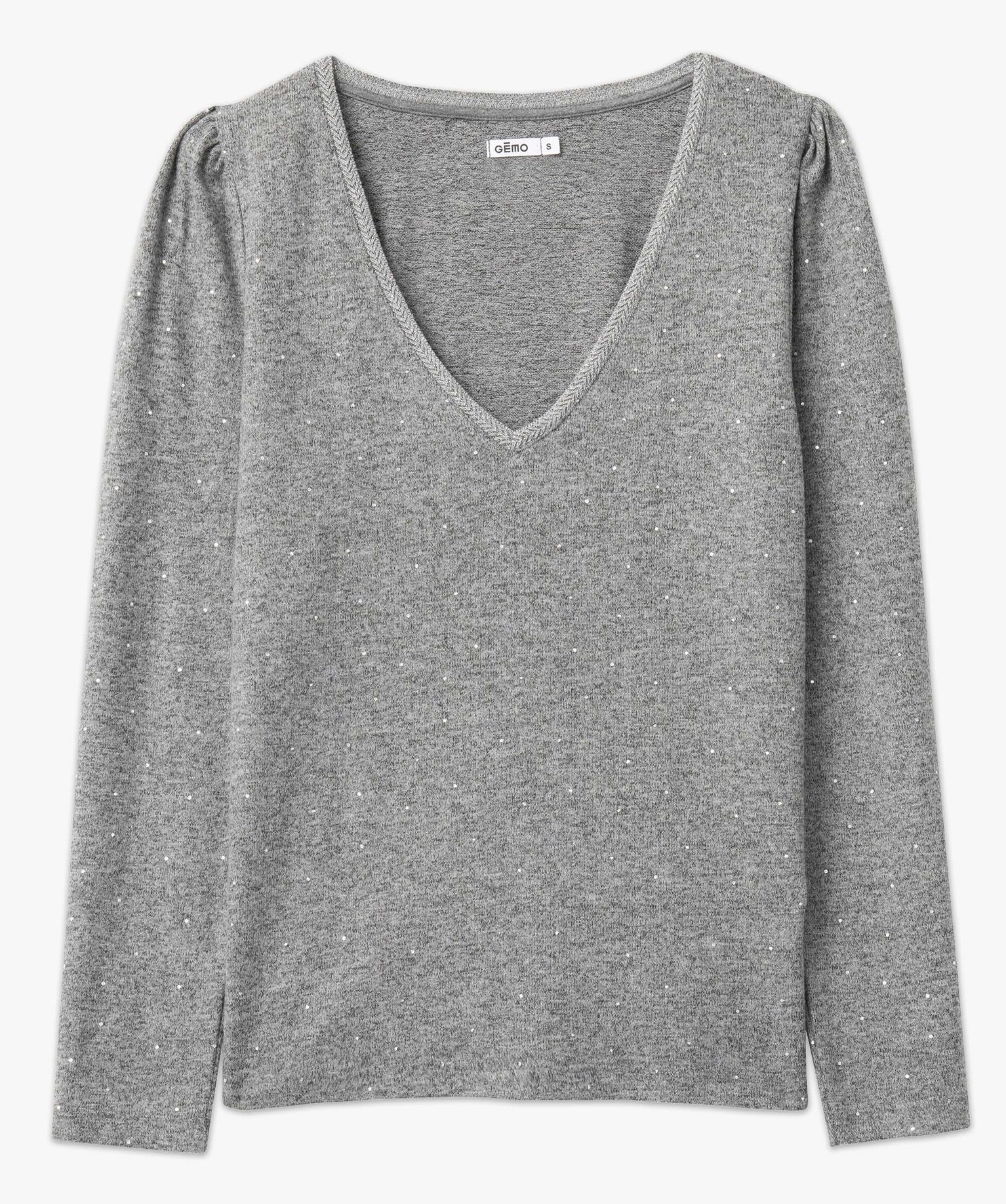 Tee-shirt femme à manches longues avec col V et motif scint... gris | GEMO