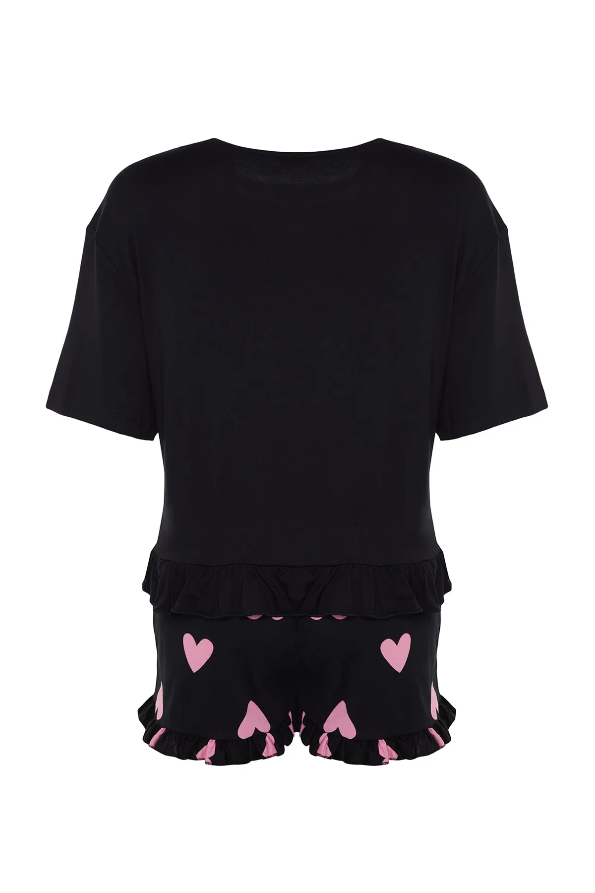 Trendyol Collection  Schwarzes Pyjama-Set aus T-Shirt und Shorts aus 100 % Baumwolle mit Herzmuster und Rüschendetail THMSS21PT0467
