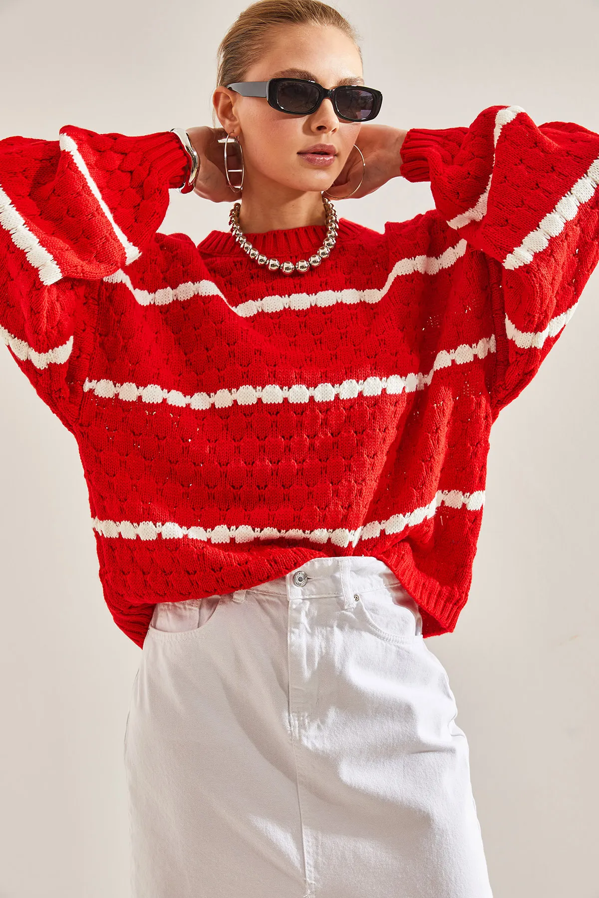 Bianco Lucci  Gestreifter Wabenstrickpullover mit Ballonärmeln für Damen