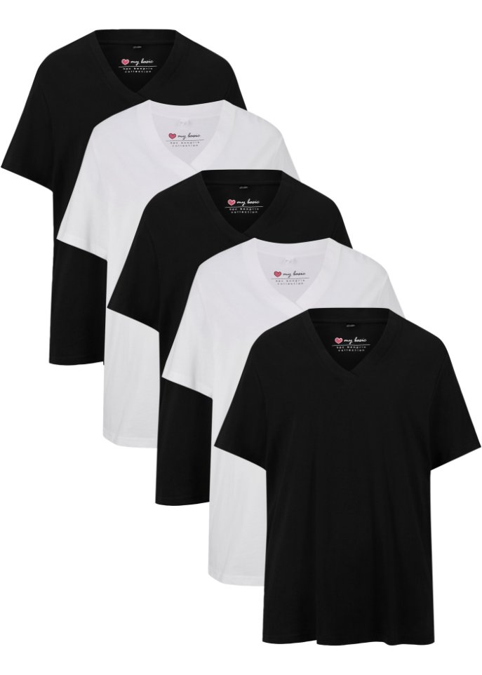 Weites Long-Shirt mit V-Ausschnitt, Kurzarm (5er Pack)