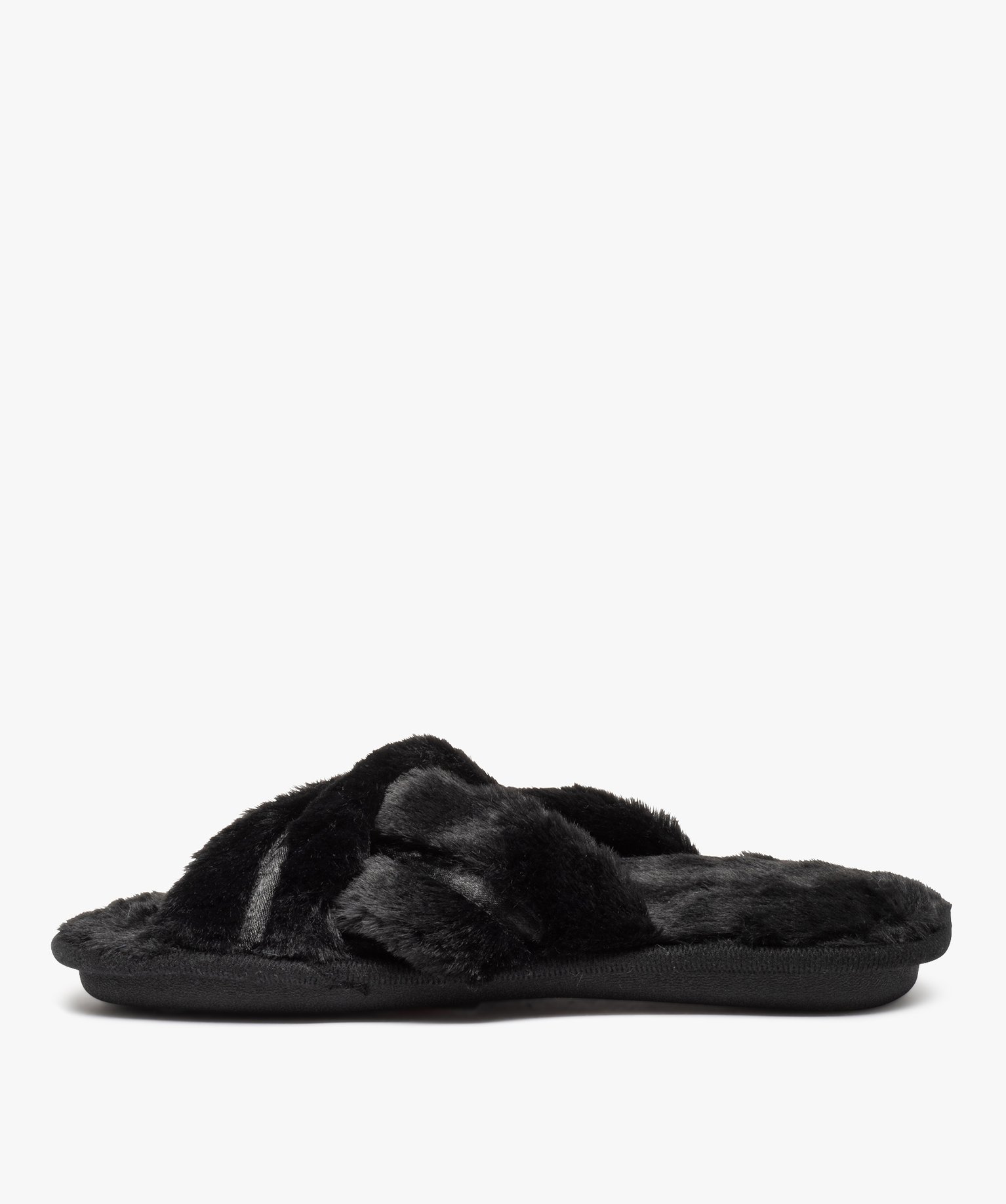 Chaussons femme mules ouvertes en fourrure imitation noir | GEMO