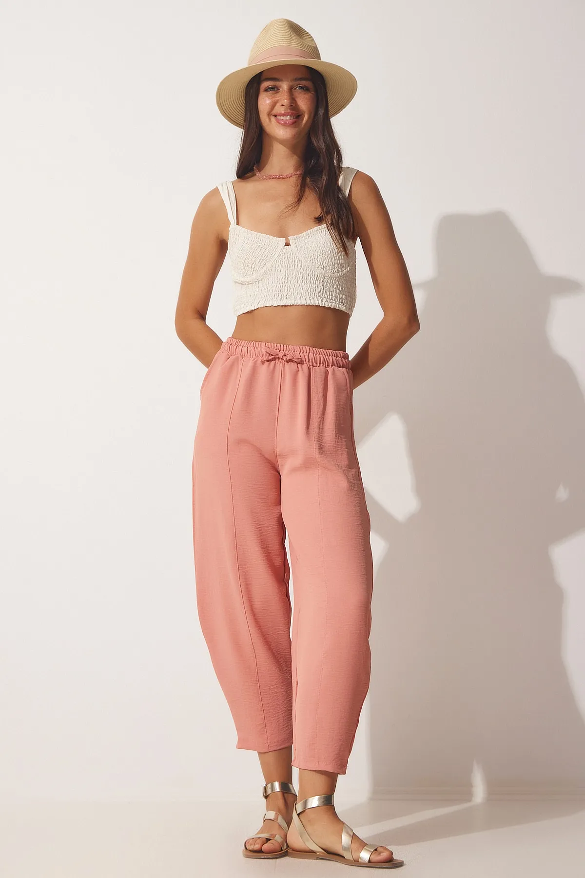Happiness İstanbul  Hellrosa Shalwar-Hose aus getrocknetem Leinen für Damen CI00036