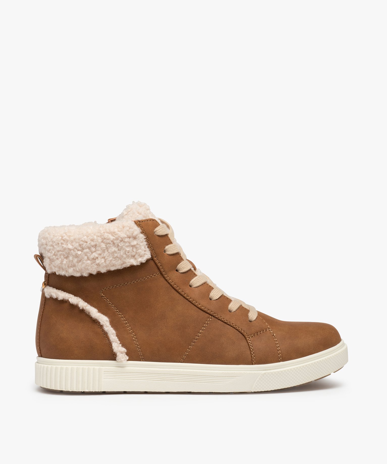 Baskets femme mid-cut unies à col sherpa marron | GEMO