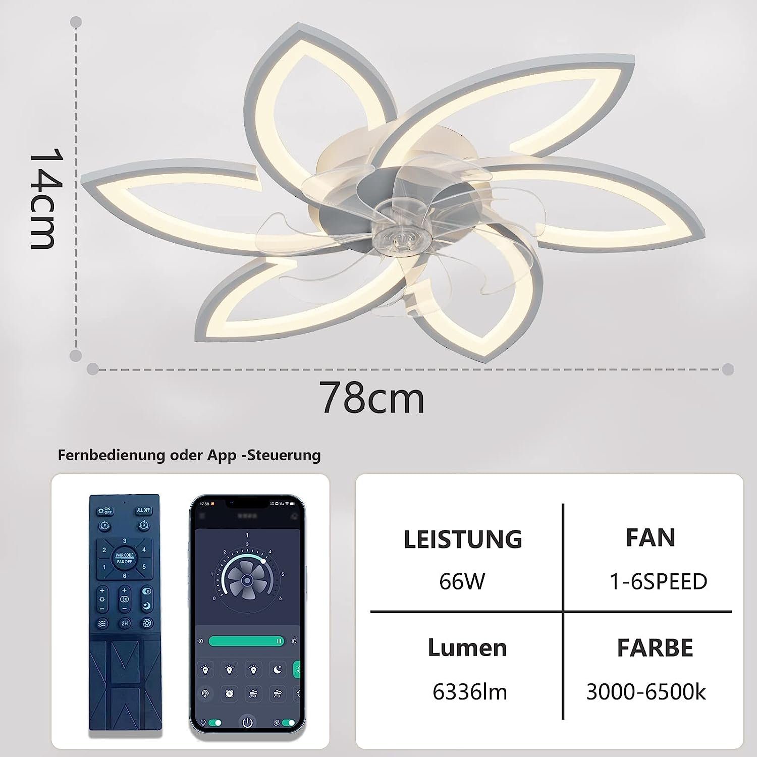 Hikeren Deckenventilator Deckenlüfter leuchte,Lüfterlicht,Dimmbar,Deckenlampe für 15, 66W/90W;Leuchte/ Ventilator getrennt schaltbar