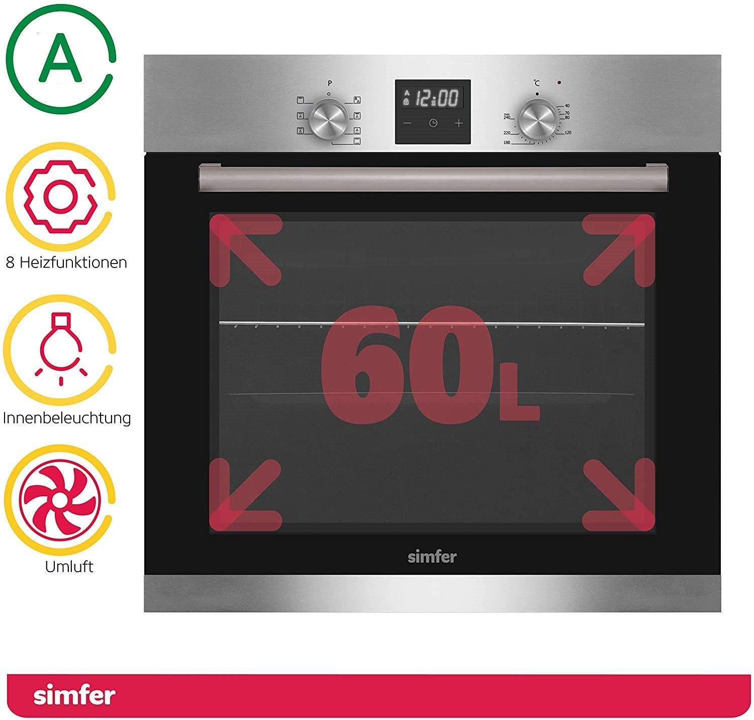 Simfer Einbaubackofen SMF-BO 6029, 60 Liter, 7 Funktionen, 60 cm, 2-fach Verglasung, mit Teleskopauszug nachrüstbar, Digitaler Timer mit Touch Control, Seitengitter, Emaillierter Garraum