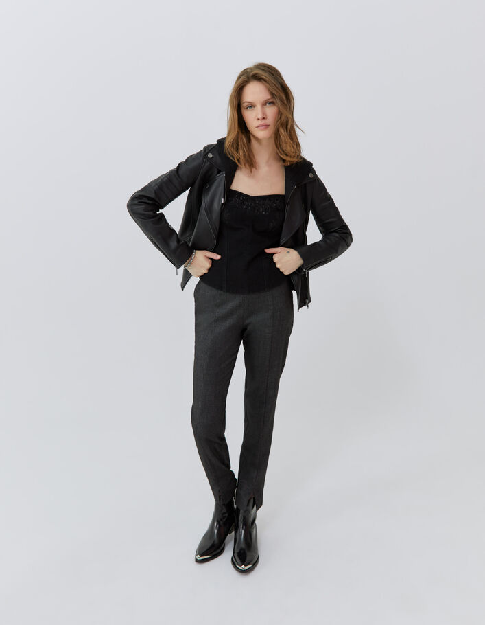 Veste en cuir noir esprit motard parmenture amovible Femme