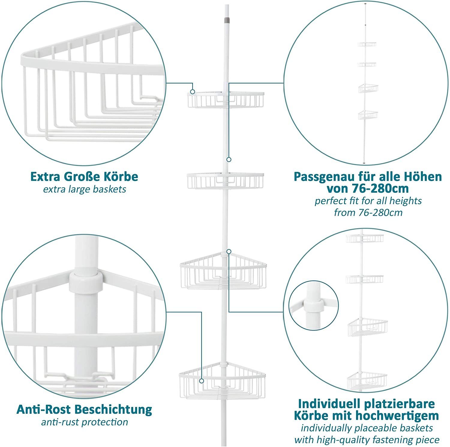 Smartpeas Teleskop Teleskop-Duschregal, 4 Körbe, 76-280cm, Wei Wei, 4 Krbe Bis Zu 288 Cm