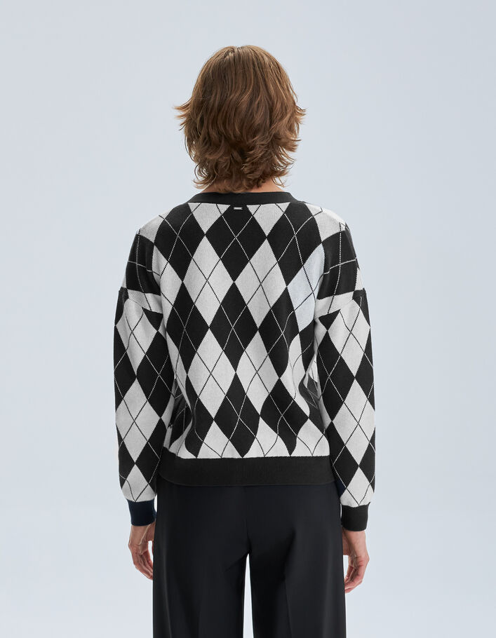 Cardigan gris et écru tricot motif Argyle Femme