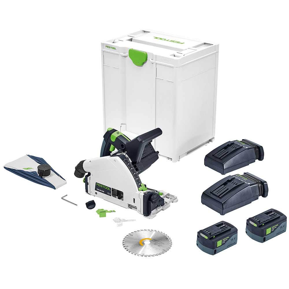 Kit de serra de imersão sem escova FESTOOL 18V com 2 baterias de 5,2 Ah e 160 mm TSC 55K Bluetooth XL (577113)