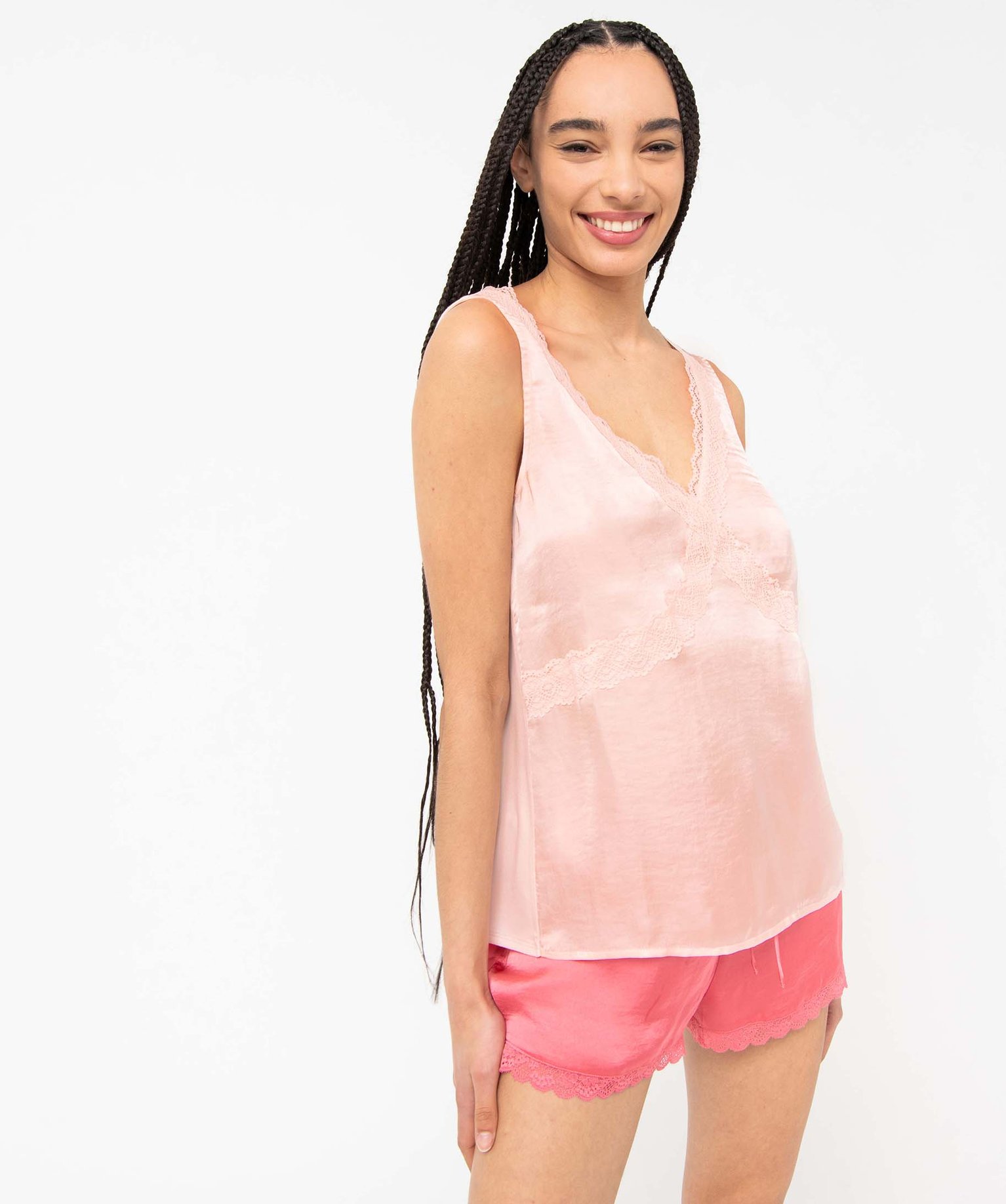 Débardeur lingerie en matière satinée et dentelle femme rose | GEMO