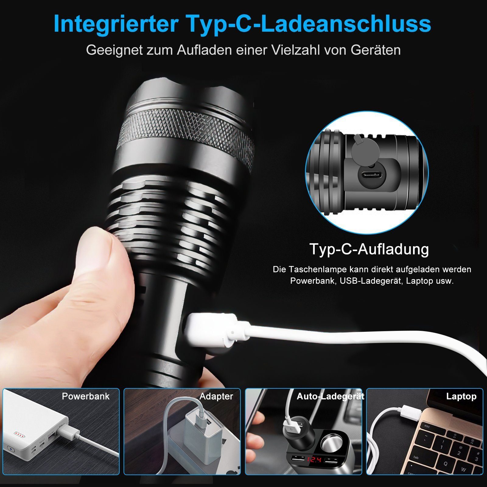 MDHAND LED Taschenlampe Lumen LED Taschenlampe Extrem Hell 5-Lichtmodi & Einstellbarer Fokus, Ideal für Camping, Angeln, Nachts gehen & Notfälle