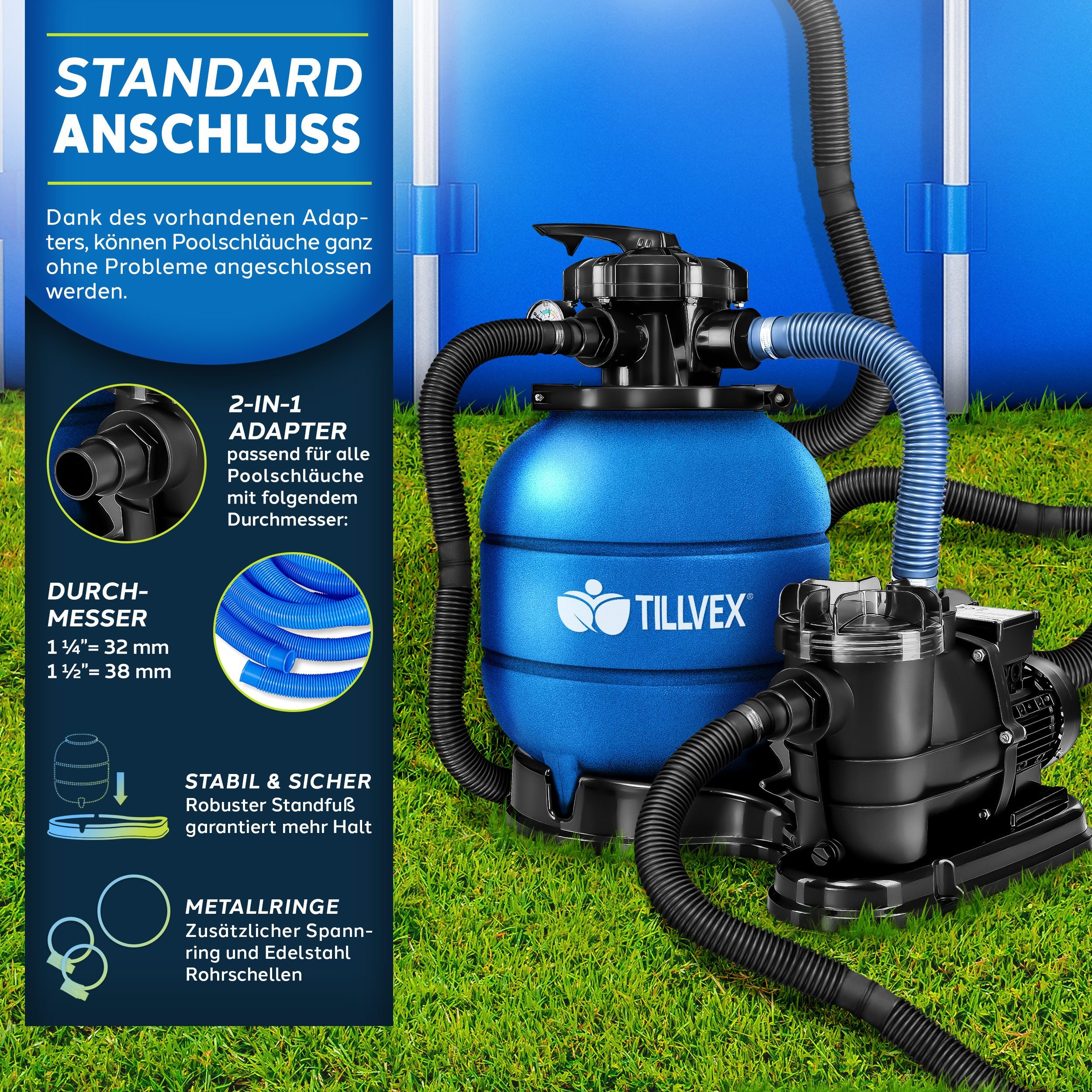 tillvex Sandfilteranlage 10 m³/h Filteranlage 5-Wege Ventil Poolfilter, Filterkessel mit Druckanzeige Sandfilter für Pool und Schwimmbecken