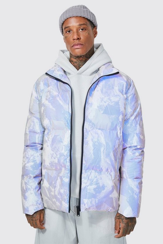Steppjacke mit reflektierendem Print und Trichterkragen