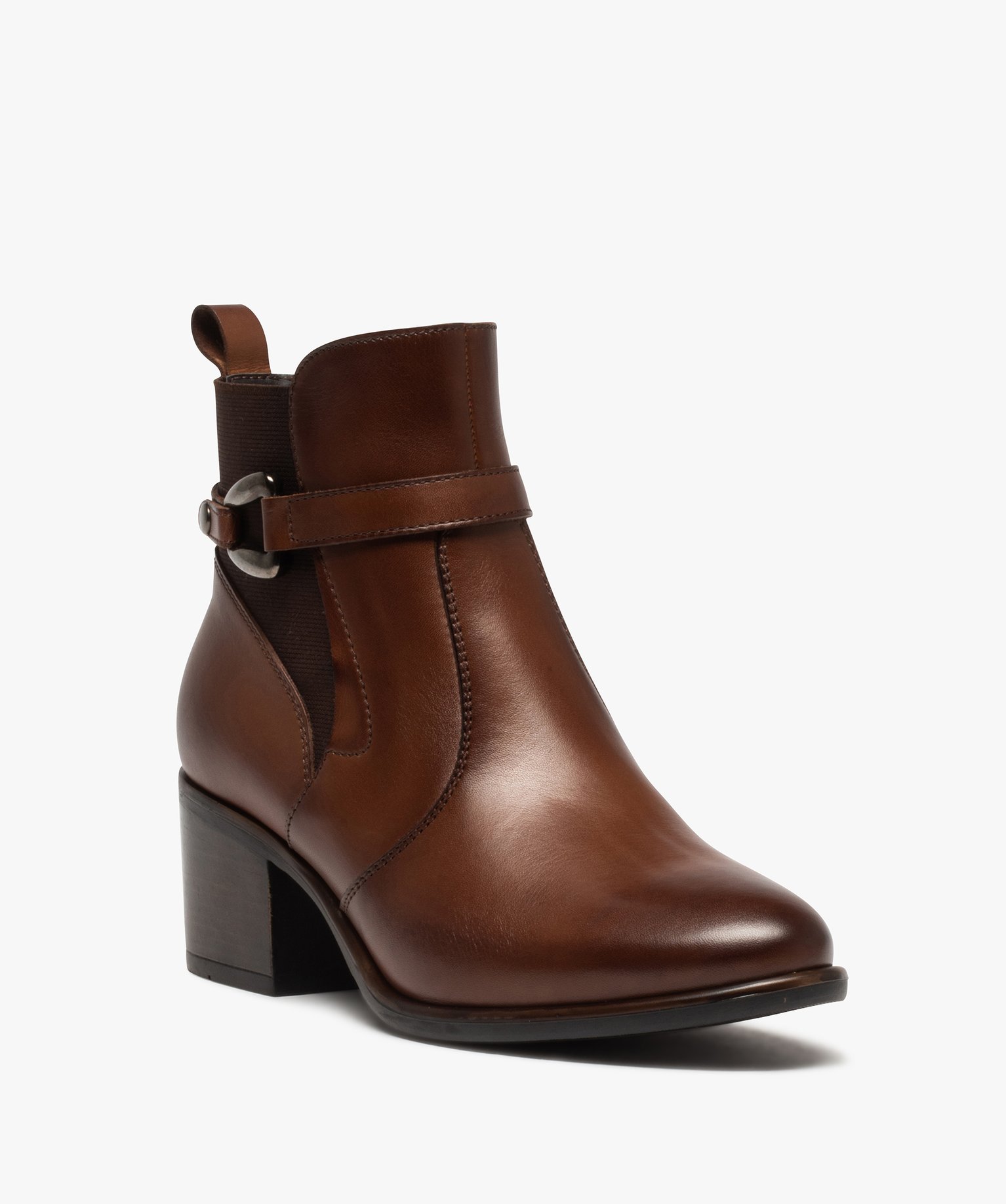 Boots femme à talon carré dessus en cuir uni à zip et bri... marron | GEMO