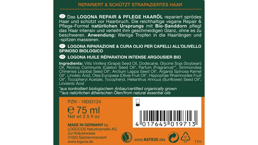 LOGONA Repair & Pflege Haaröl Bio-Sanddorn 75 ml