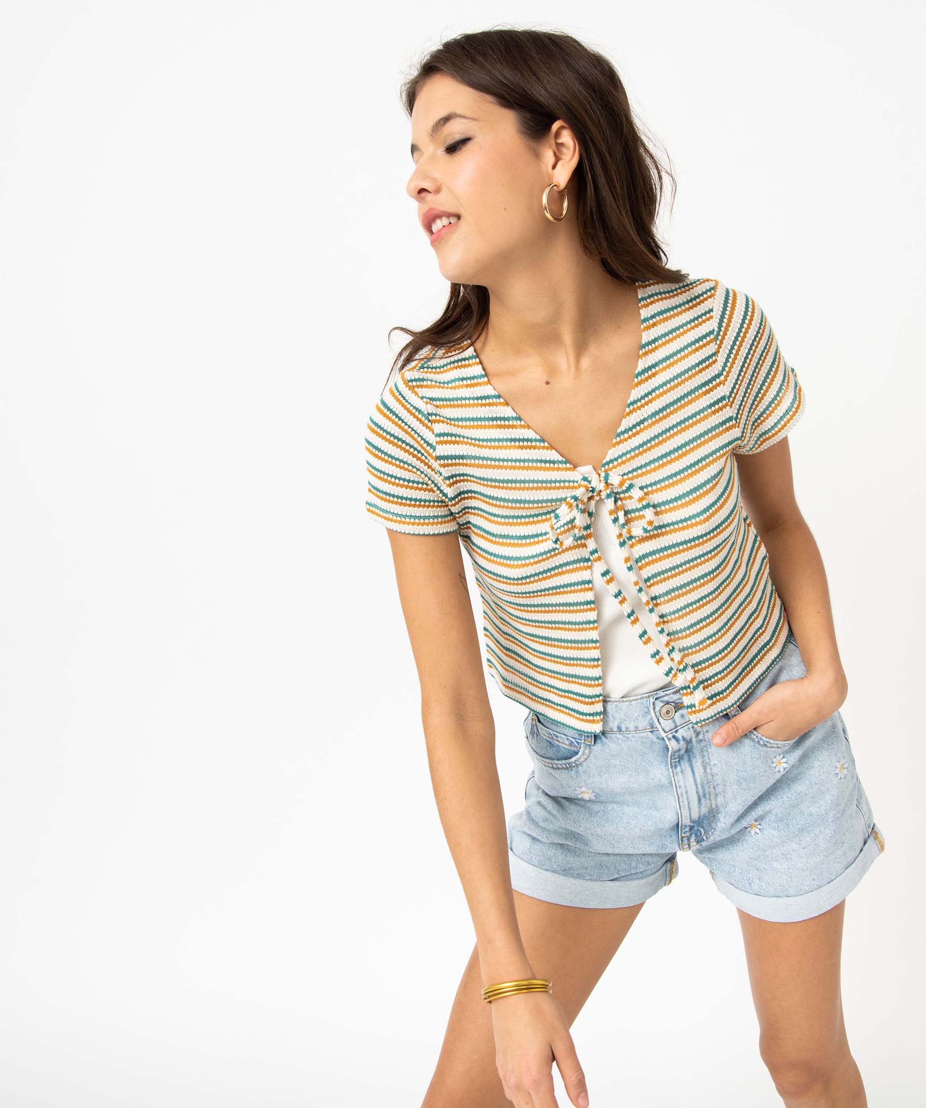 Gilet court à manches courtes en maille fantaisie rayée fe... multicolore | GEMO